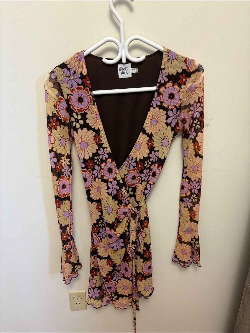 Princess Polly, Brown base, Floral Wrap Dress with Lilac & Peach Blooms